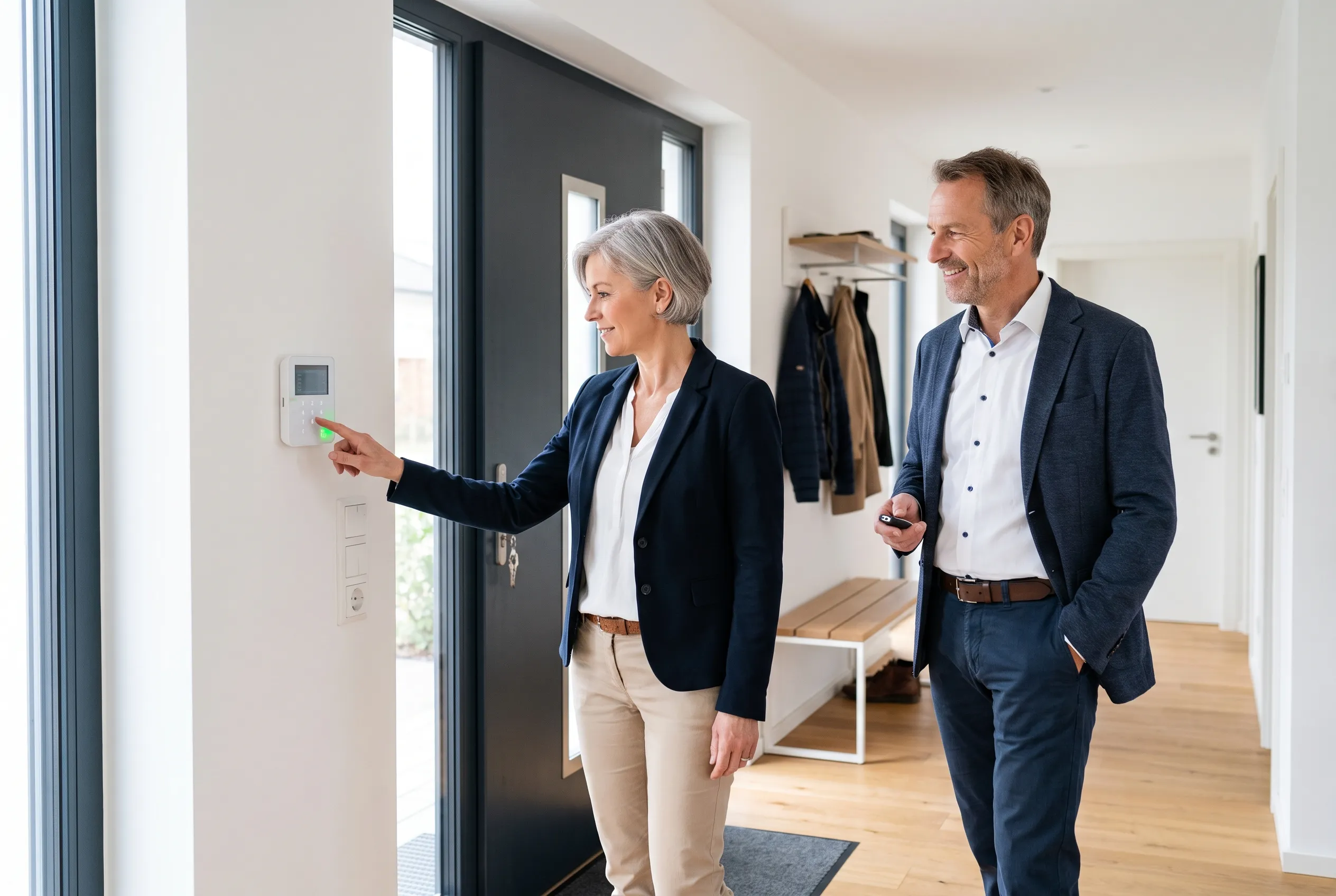 Ehepaar um die fünfzig verlässt das Haus, die Frau schaltet am Bedienteil neben der Haustür die Alarmanlage scharf