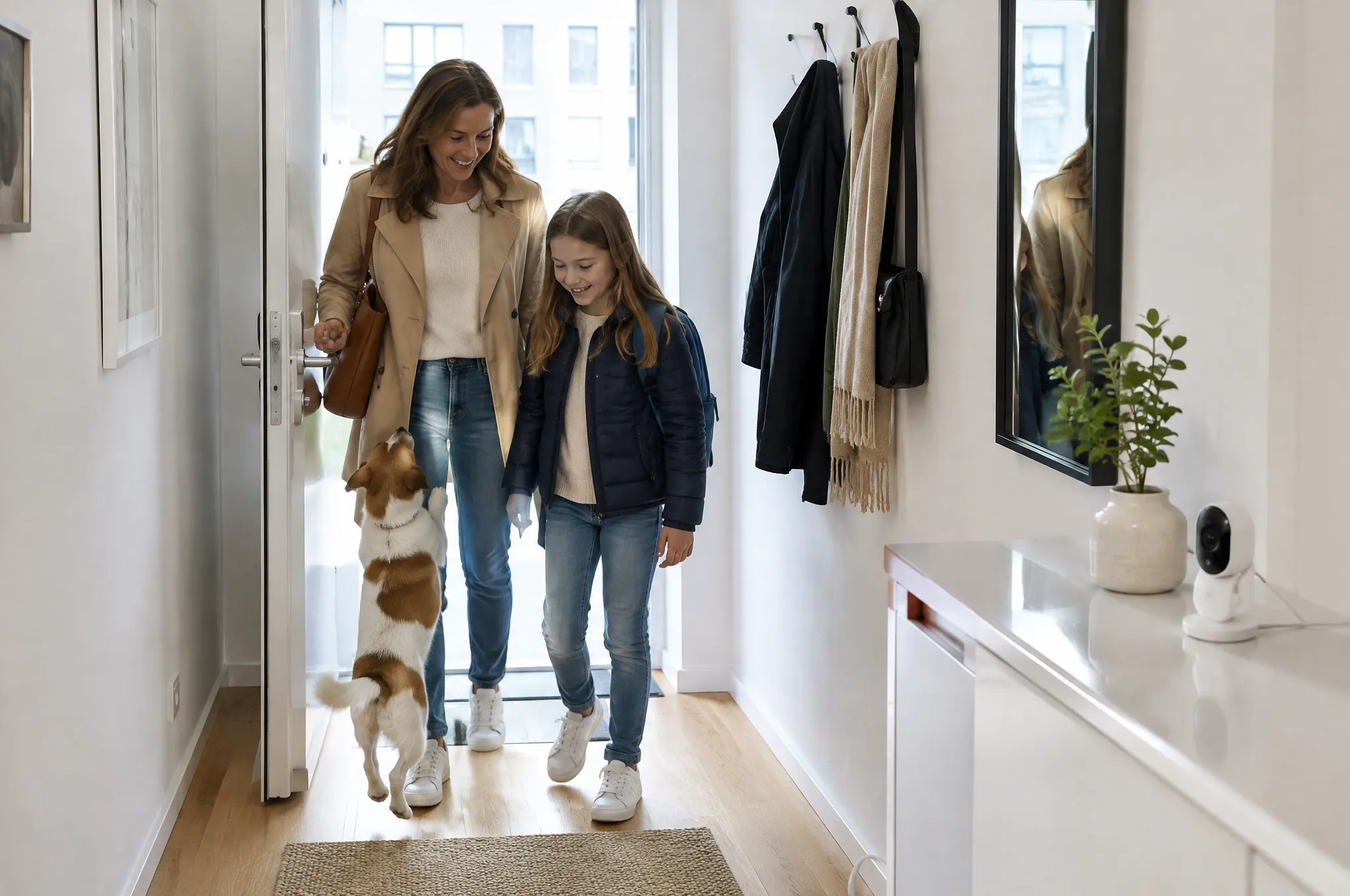 Mutter und Tochter kommen nach Hause, der Hund begrüßt sie, im Flur steht eine kleine Kamera mit Blick auf die Wohnungstür