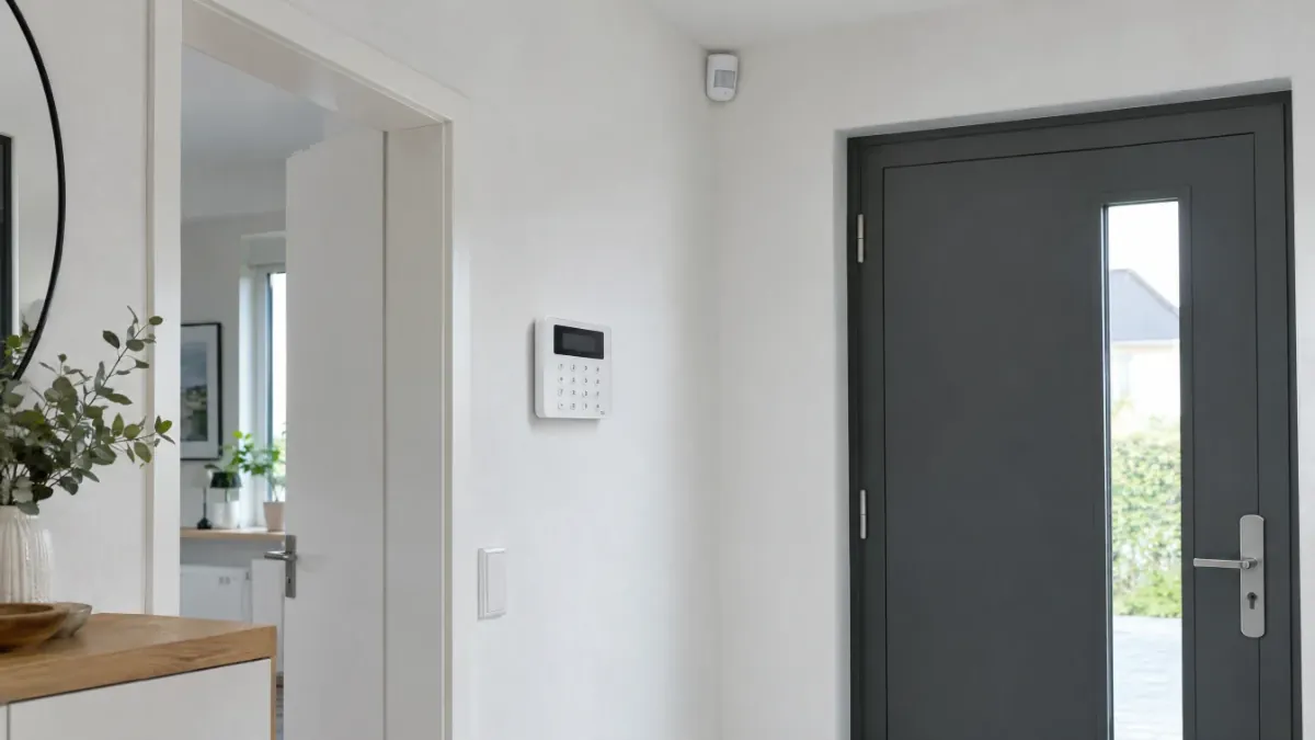 Bedienteil einer Funkalarmanlage im Hausflur neben der Haustür