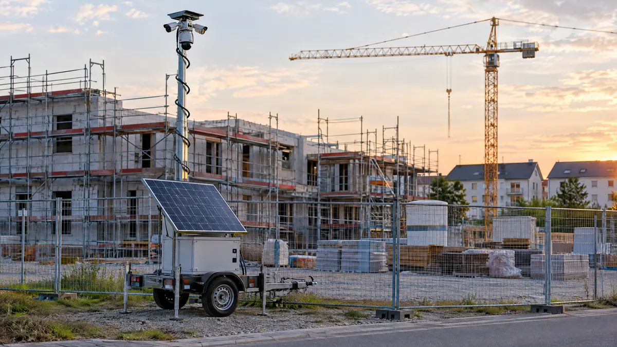 Mobiler Kameraturm auf einer eingezäunten Baustelle