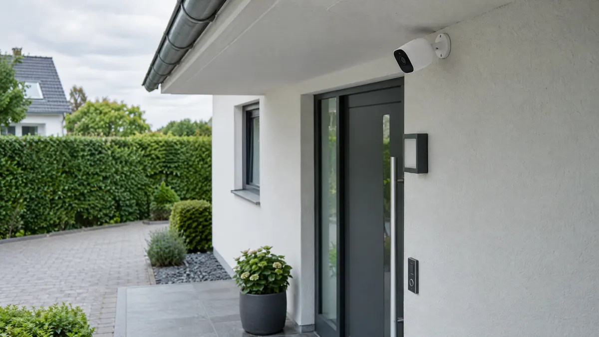 Außenkamera an der Hausfassade über dem Eingangsbereich