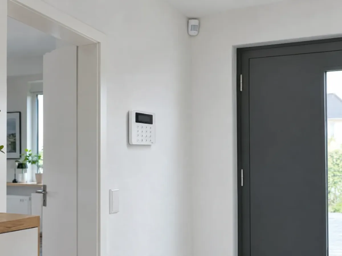 Bedienteil einer Alarmanlage im Hausflur neben der Haustür