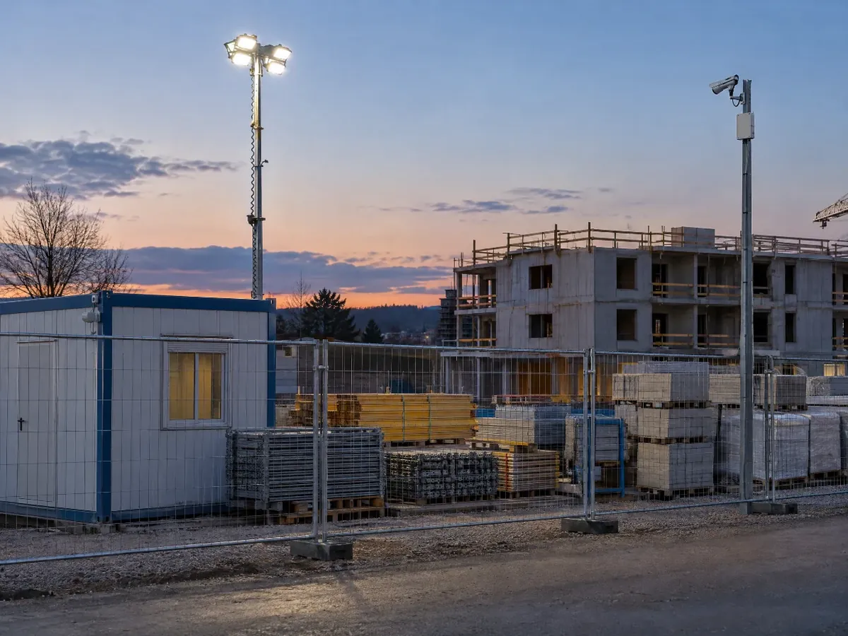 Eingezäunte Baustelle mit Container, Flutlicht und Kamera in der Dämmerung