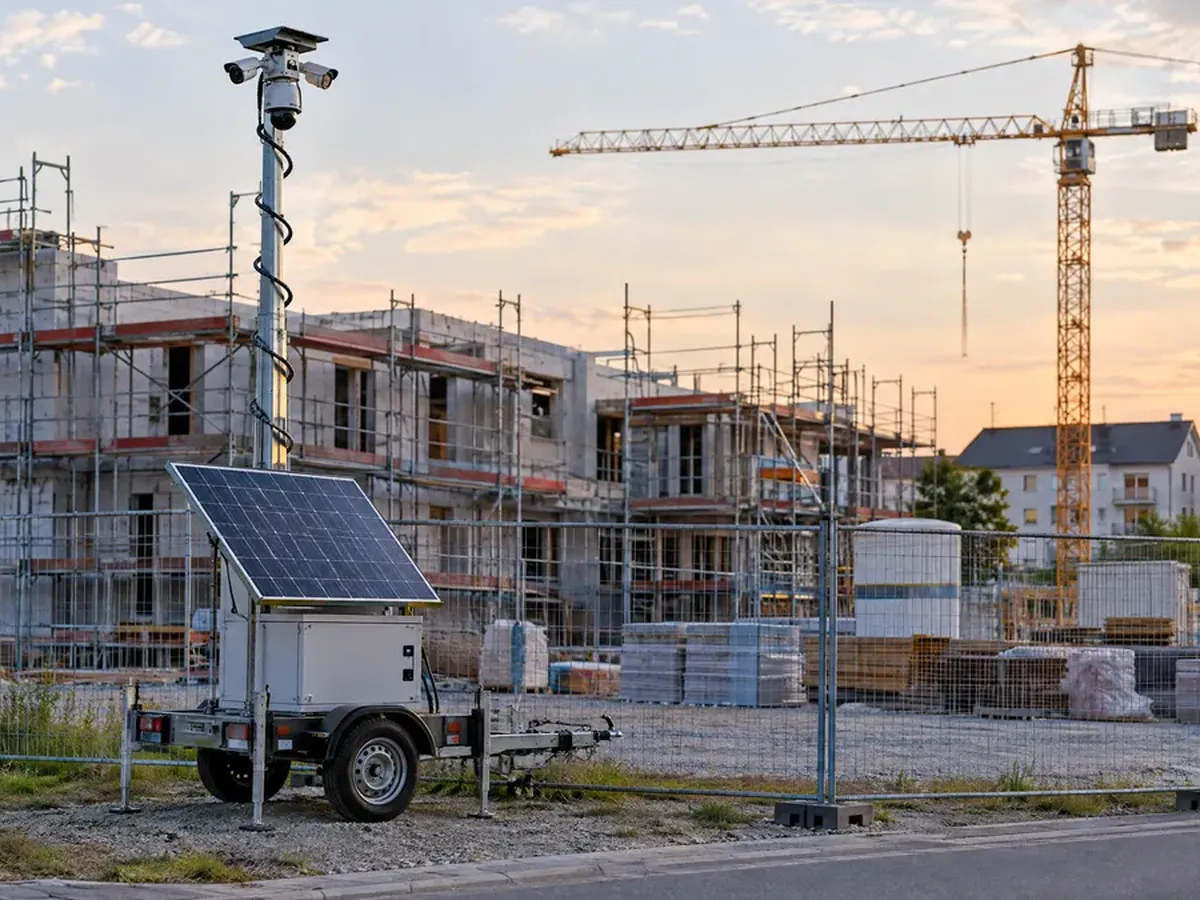 Mobiler Kameraturm mit Solarmodul am Rand einer Baustelle