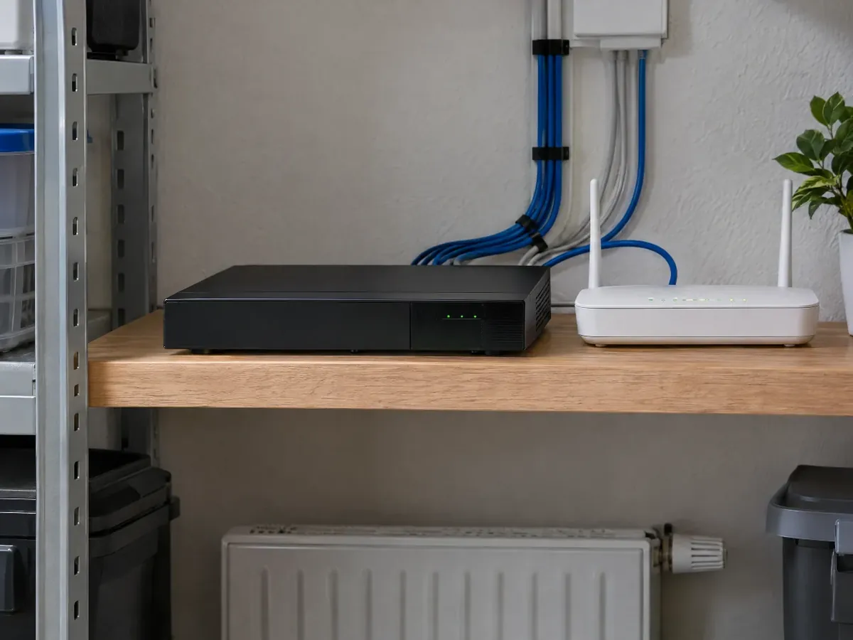Videorekorder mit ordentlich verlegten Kabeln im Hauswirtschaftsraum