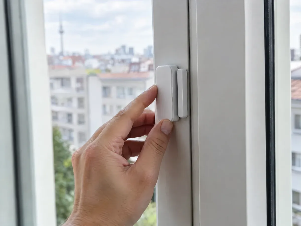 Klebbarer Funksensor am Fensterrahmen einer Mietwohnung