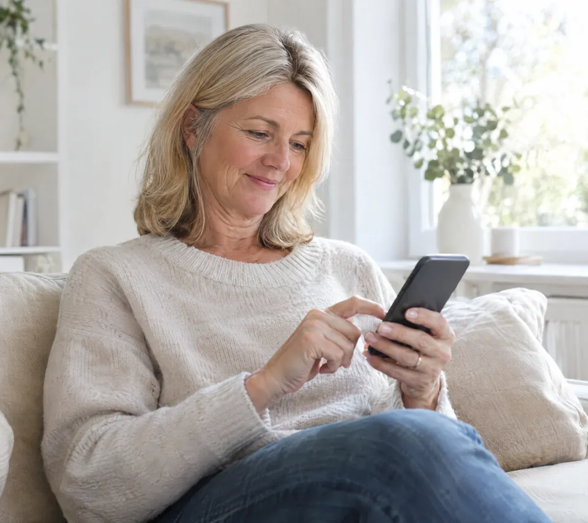 Frau füllt auf dem Sofa die Anfrage auf ihrem Smartphone aus